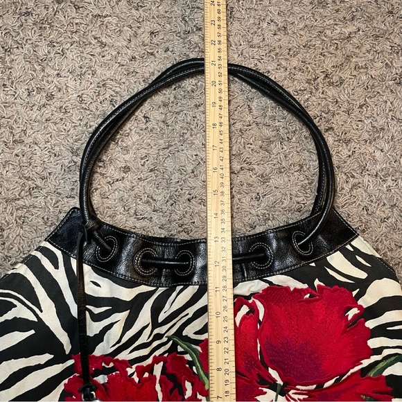 Brighton Zebra Print Canvas Embroidery Floral Shoulder Bag Black Leather Trim - Picture 11 of 11